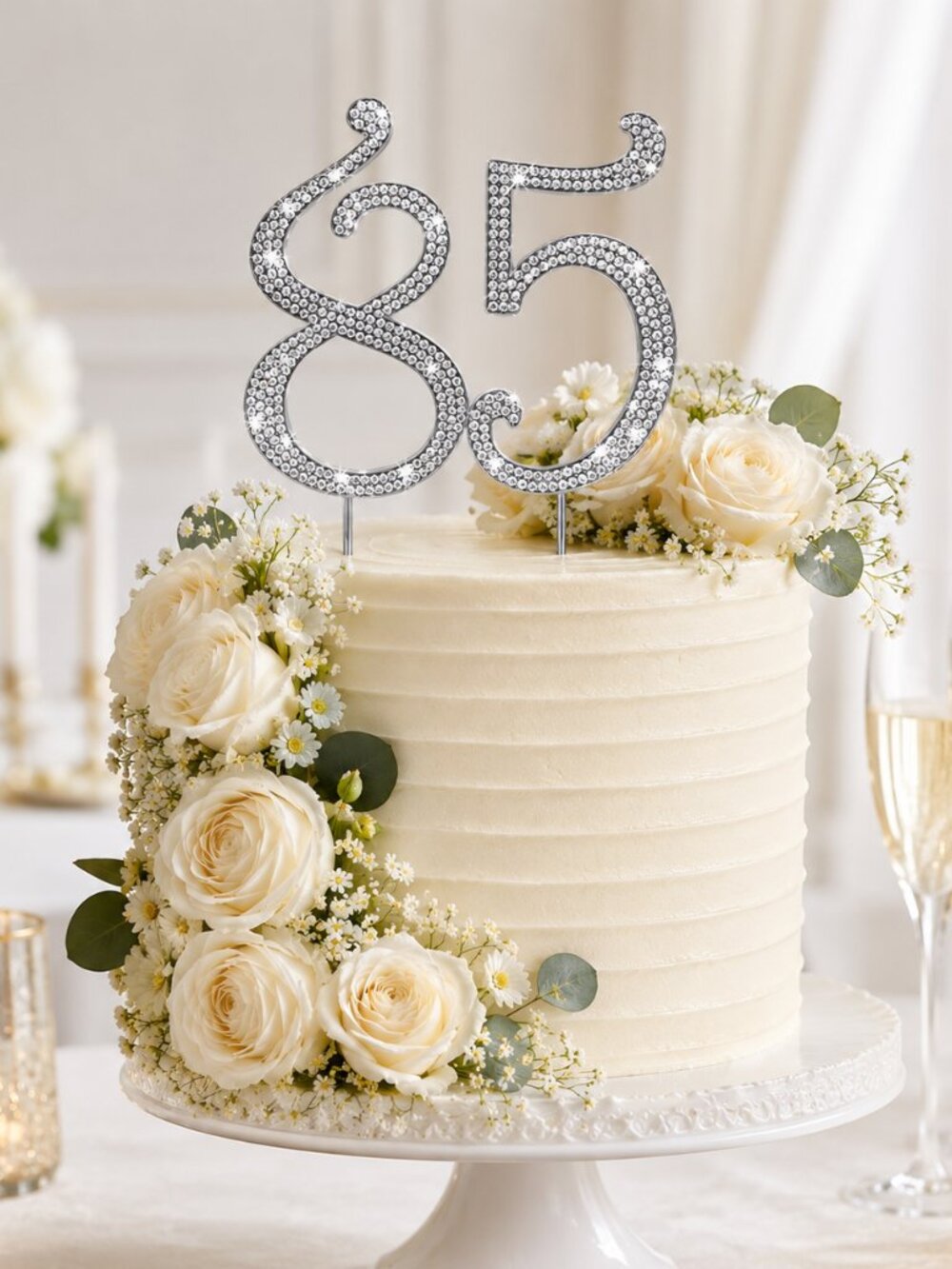 Rhinestone Cake Topper - Number 85 - Silver Metal with Czech Rhinestones